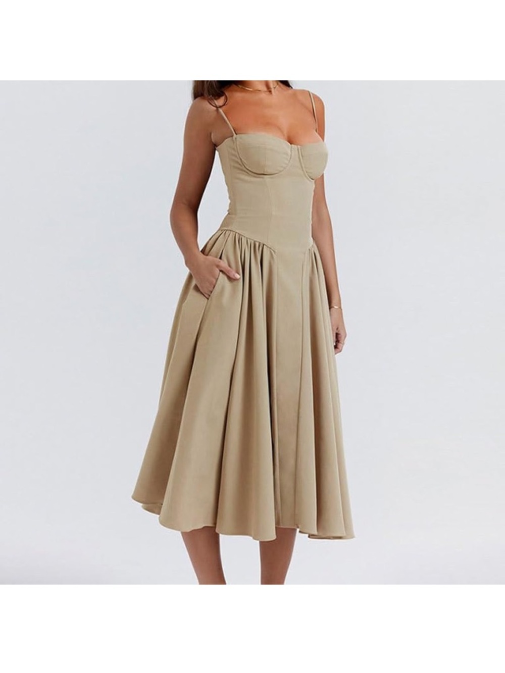 Beige Midi Dress with Corset Bodice and Spaghetti Straps